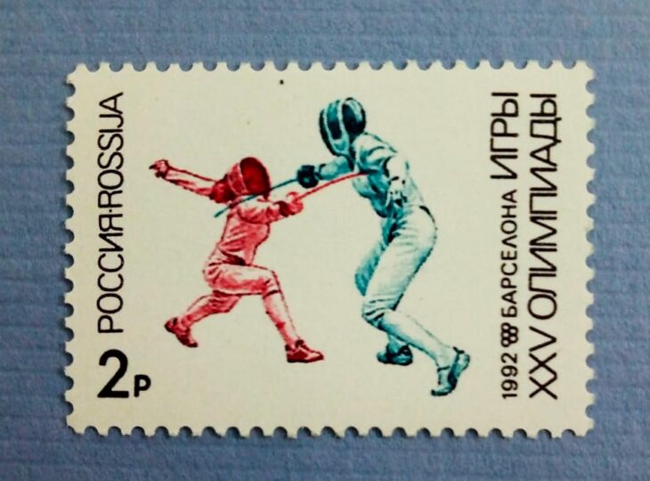 Issue:   Russia 1992 Mint Fencing game of the XXV Olympics Stamp Type:   Stamp Number of Stamps:   1 Stamps Denomination:    2P Issue Date:   1992 Issued By:   Russia POST 