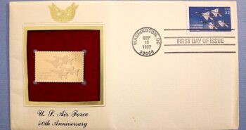 Issue:    USA 1997 Air Force 50th Anniversary Special First Day Cover Type:    First Day Cover Number of Stamps:    1 Stamps Denomination:    32 C Issue Date:      18  September  1997 Issued By:    United States Postal Service (USPS) 