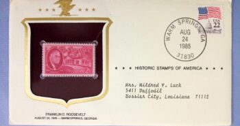 Issue:     US Franklin D. Roosevelt 1945 Historic Stamps of America Special Cover Type:     Stamp Number of Stamps:    2 Stamps Denomination:    2C ,  22C Issue Date:     1945 Issued By:   United States Postal Service (USPS)