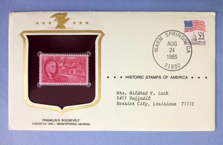 Issue:     US Franklin D. Roosevelt 1945 Historic Stamps of America Special Cover Type:     Stamp Number of Stamps:    2 Stamps Denomination:    2C ,  22C Issue Date:     1945 Issued By:   United States Postal Service (USPS)