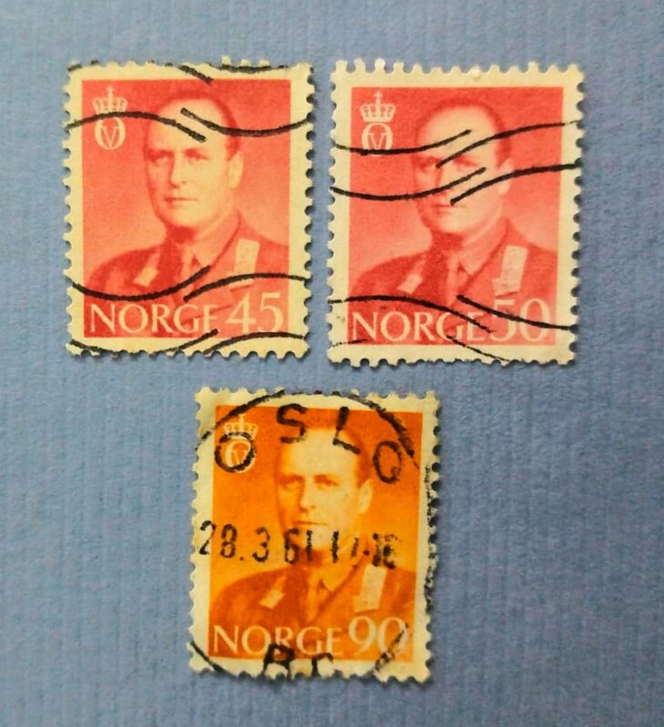 Issue:     Norway Set of King Olav v series Stamp Type:     Stamp Number of Stamps:     3, 1, 1,        Stamps Denomination:     45 Kr ,  50 Kr , 90 Kr,  Issue Date:     1958 Issued By:     Norway Post