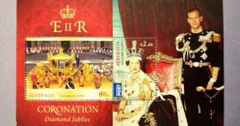 Issue:    Australia Coronation Diamond Jubilee 2013 Souvenir Sheet Type:     Souvenir Sheet Number of Stamps:     2 Denominations:      60C,  2.60 $,  Issue Date:      Issued By:     Australia Post 