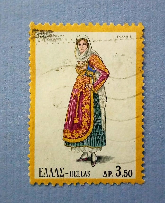 Issue:     Greece Salamis Costumes 1973 Greek Stamp Type:     Stamp Number of Stamps:     1 Denominations:      3.50 AP Issue Date:     1973 Issued By:     Greece Post 