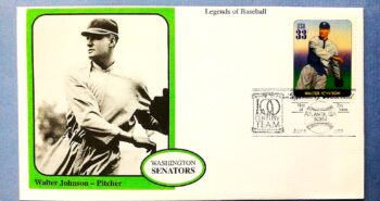 Issue:     USA Legends of Baseball Walter Johnson First Day Cover Type:     First Day Cover Number of Stamps:     1 Stamps Denomination:     33 C Issue Date:     2000 Issued By:    United States Postal Service (USPS) 