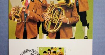 Issue:     Liechtenstein 1980 Music Folk Costumes postcard Type:     Postcard Number of Stamps:     1 Stamps Denomination:     80 Rp, Issue Date:     1980 Issued By:    Europe Post 