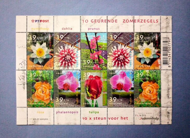 Issue:     Netherland 2002 Fragrant Summer Flowers Stamp  Mini Sheet Type:      Souvenir Sheet Number of Stamps:     10 Stamps Denomination:       39+19  Euro Cent Issue Date:      2002 Issued By:     Netherland Post 