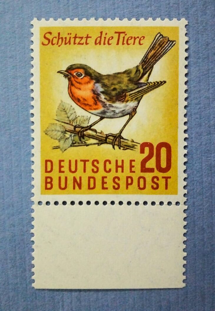 Issue:     Germany 1957 Robin Bird Stamp Type:    Stamp Number of Stamps:     1 Denominations:     20  PF Issue Date:     1957 Issued By:     Germany Deutsche Post ( Deutschland ) 