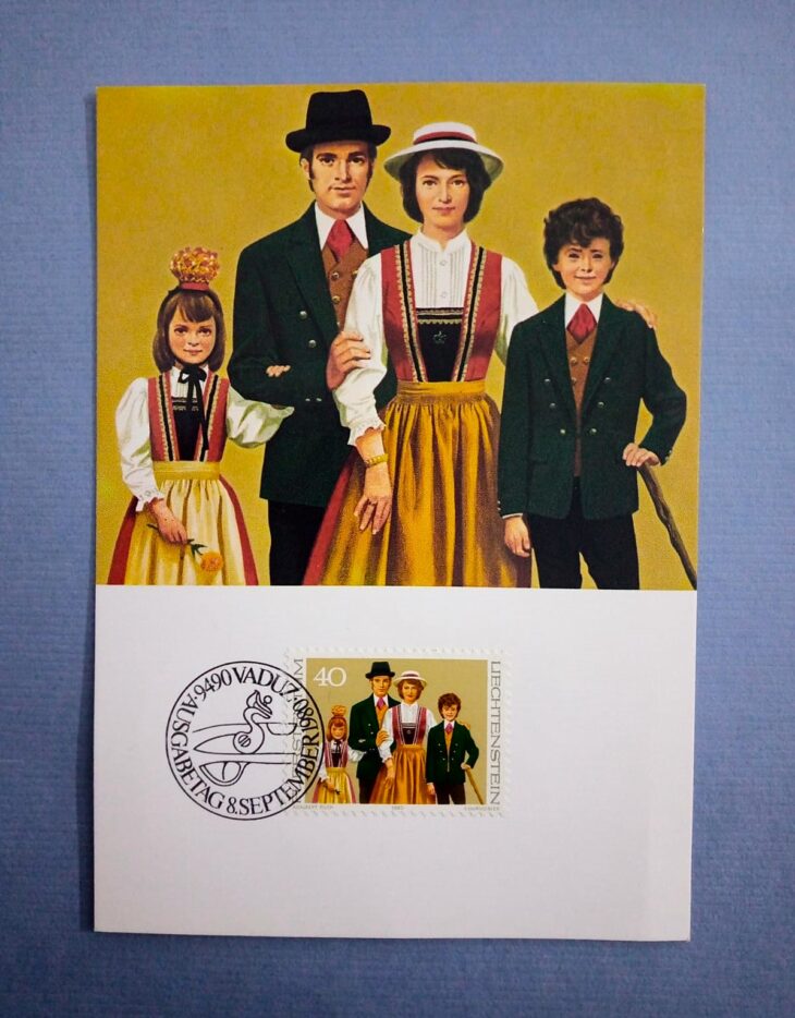 Issue:    Liechtenstein 1990 Traditional Costumes Triesenberg Costu postcard Type:     Postcard Number of Stamps:    1 Stamps Denomination:    40 Rp Issue Date:    1985 Issued By:    Europe Post 
