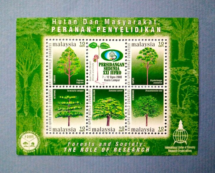 Issue:     Malaysia Forests and Society the Role of Research  Mini Sheet  Type:    Souvenir Sheet Number of Stamps:      6 Denominations:      10C,  10C,  10C,  10C,  10C,  10C,  Issue Date:     2000 Issued By:     Malaysia Post