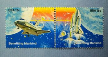 Issue:   USA Set of Space Benefiting Mankind 1981 Stamp Type:     Stamp Number of Stamps:    2 Stamps Denomination:     13 C,  18 C,  Issue Date:    1981 Issued By:    United States Postal Service (USPS) 