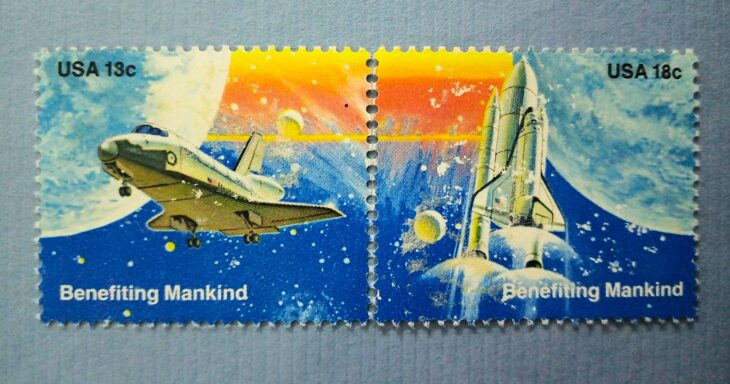 Issue:   USA Set of Space Benefiting Mankind 1981 Stamp Type:     Stamp Number of Stamps:    2 Stamps Denomination:     13 C,  18 C,  Issue Date:    1981 Issued By:    United States Postal Service (USPS) 
