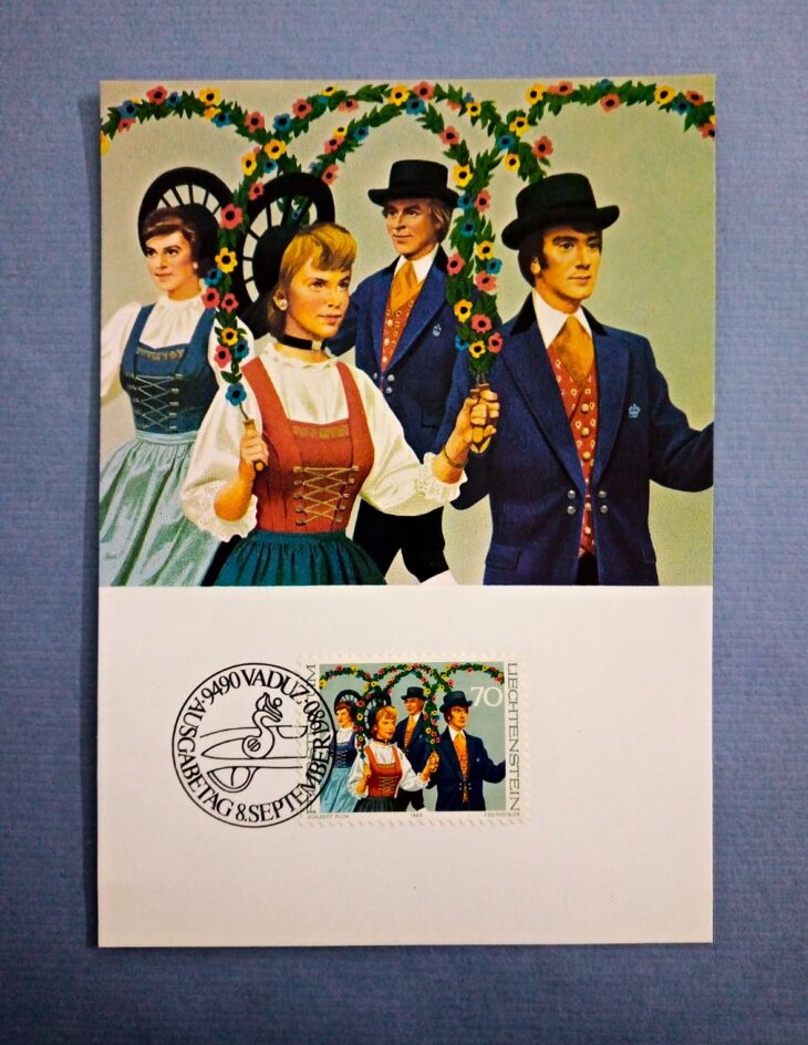 Issue:    Liechtenstein 1980 Folk Dance postcard Type:     Postcard Number of Stamps:    1 Stamps Denomination:     70 Rp Issue Date:     1980 Issued By:    Europe Post 