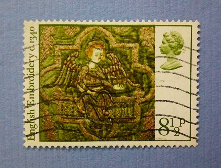 Issue:     Great Britain English Embroidery Angel 1976 Stamp Type:     Stamp Number of Stamps:    3 Stamps Denomination:     8½ P Issue Date:     1976 Issued By:    Royal Mail, United Kingdom 