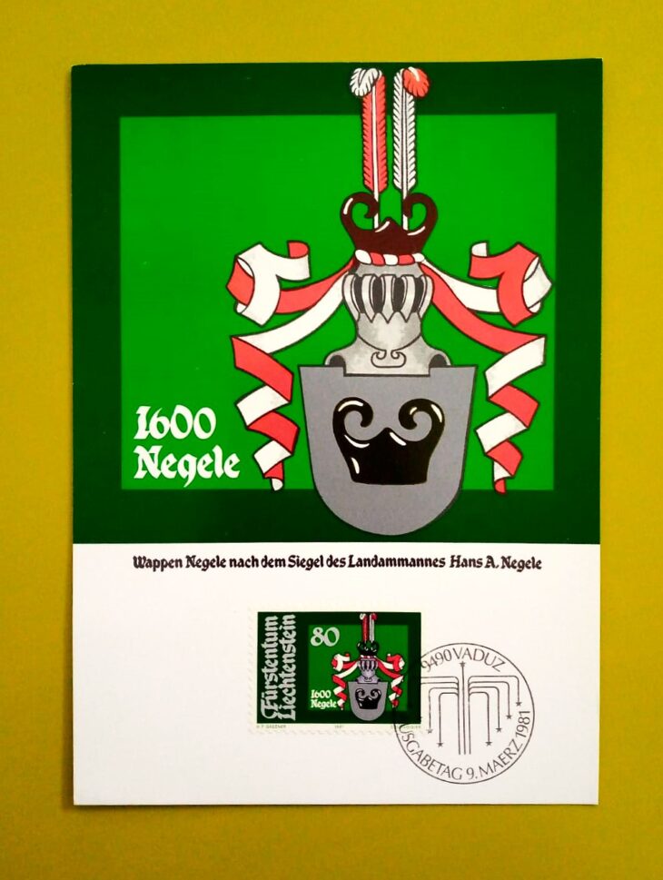 Issue:      Liechtenstein Negele Coat of Arms FDC Postcard Type:      Postcard Number of Stamps:      1 Denominations:      80 y Issue Date:      1981 Issued By:      Europe Post 