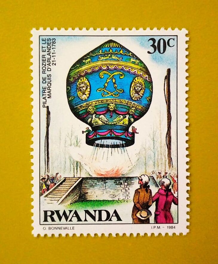 Issue:      Rwanda Balloon Manned Flight 1984 Stamp Type:      Stamp Number of Stamps:      1 Stamps Denomination:      30 C, Issue Date:       1984 Issued By:      Rwanda Post 