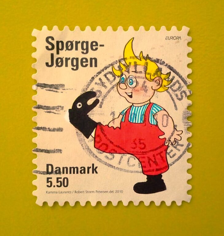 Issue:     Denmark Spørge Jørgen Cartoons 2010 Stamp Type:     Stamp Number of Stamps:     1 Stamps Denomination:       5.50 DKK, Issue Date:      2010 Issued By:     Denmark Post 