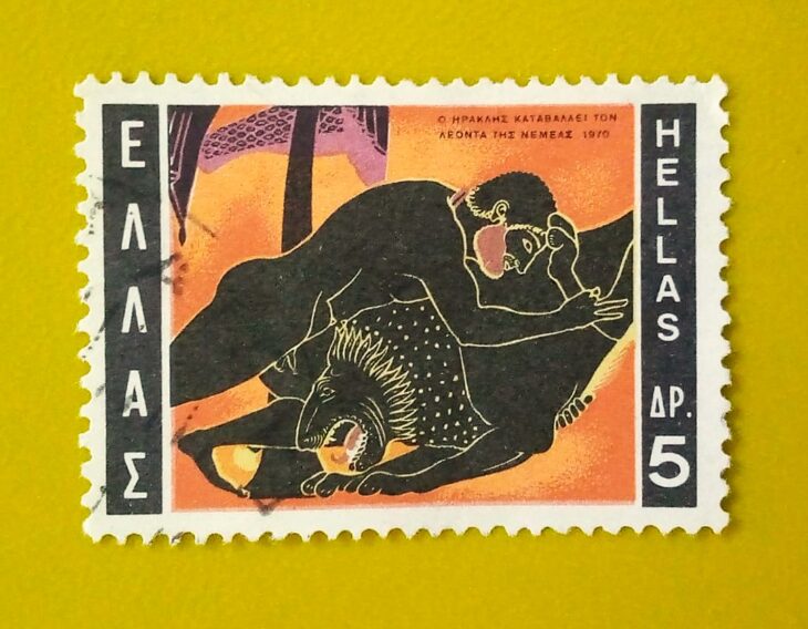 Issue:     Greece Hercules and Nemean Lion 1970 Stamp Type:      Stamp Number of Stamps:      1 Denominations:      5 DR, Issue Date:      1970 Issued By:     Greece Post 