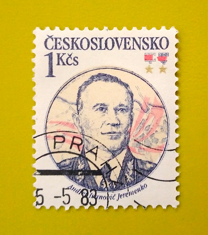 Issue:      Czechoslovakia Andrej Ivanovic Jeremenko 1983 Stamp Type:      Stamp Number of Stamps:       1 Stamps Denomination:        1  KCS, Issue Date:      1983 Issued By:      Czechoslovakia Postal Service (USPS) 