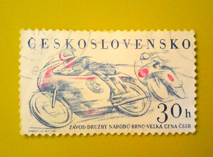 Issue:      Czechoslovakia 1961 Grand Prix Motorcycle Racing Stamp Type:      Stamp Number of Stamps:     1 Stamps Denomination:      30 H, Issue Date:      1961 Issued By:      Czechoslovakia Postal Service (USPS) 