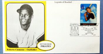 Issue:     USA Legends of Baseball Roberto Clemente Outfielder First Day Cover Type:     First Day Cover Number of Stamps:     1 Stamps Denomination:     33 C Issue Date:     2000 Issued By:    United States Postal Service (USPS)