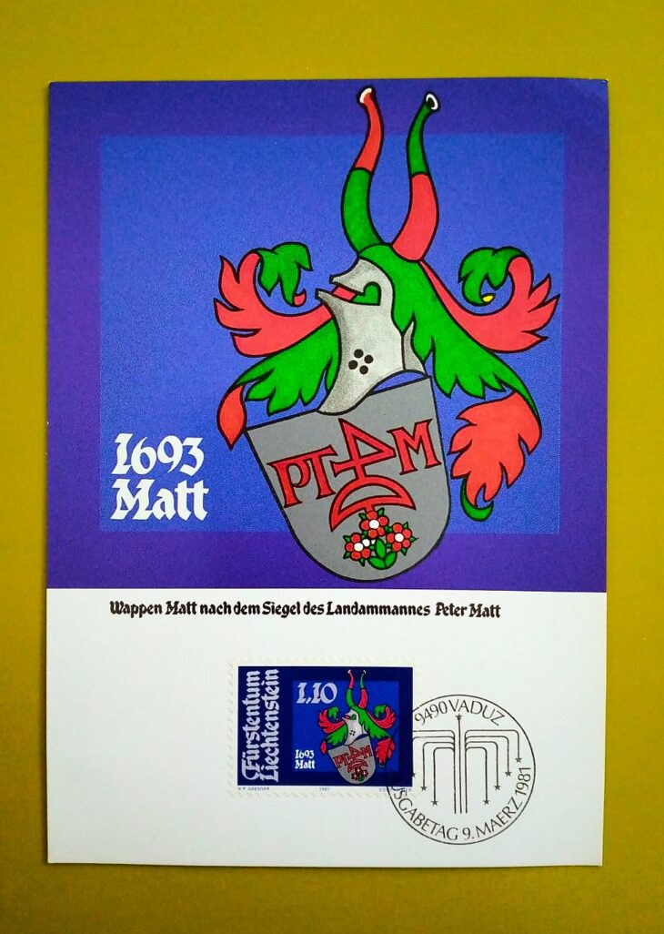 Issue:      Liechtenstein Matt Coat of Arms FDC Postcard Type:      Postcard Number of Stamps:      1 Denominations:      1.10 Issue Date:      1981 Issued By:      Europe Post 