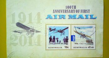 Issue:    Australia 100th Anniversary of First Air Mail 1914 Souvenir Sheet Type:      Souvenir Sheet Number of Stamps:      2 Denominations:         70 C,  2.60 $, Issue Date:        1914 Issued By:       Australia Post 