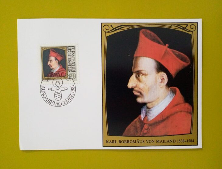 Issue:      Liechtenstein Charles Borromeo 1981 FDC Postcard Type:      Postcard Number of Stamps:      1 Denominations:      40 y Issue Date:      1981 Issued By:      Europe Post 