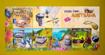 Issue:    Australia Road Trip 2012 Mini sheet Type:     Souvenir Sheet Number of Stamps:     5 Denominations:       60C,   60C,  60C,  1.65 $,   2.35 $,  Issue Date:       2012 Issued By:     Australia Post 