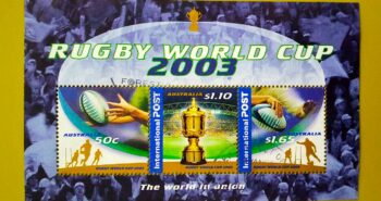 Issue:    Australia 2003 Rugby World Cup Souvenir Sheet Type:      Souvenir Sheet Number of Stamps:      3 Denominations:         50C,   1.10$,   1.65$, Issue Date:        2003 Issued By:       Australia Post 