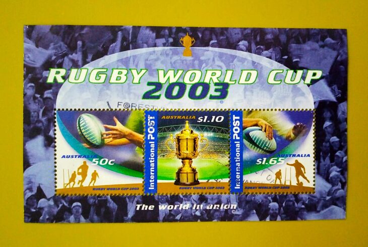 Issue:    Australia 2003 Rugby World Cup Souvenir Sheet Type:      Souvenir Sheet Number of Stamps:      3 Denominations:         50C,   1.10$,   1.65$, Issue Date:        2003 Issued By:       Australia Post 