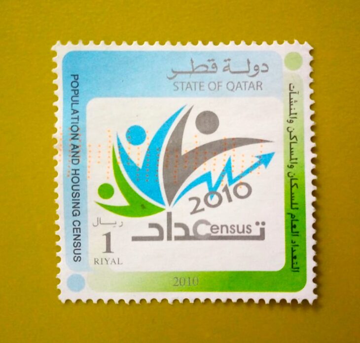 Issue:      Qatar Population and Housing Census 2010 Stamp Type:     Stamp Number of Stamps:      1 Stamps Denomination:      1 Riyal, Issue Date:      2010 Issued By:      Qatar Post