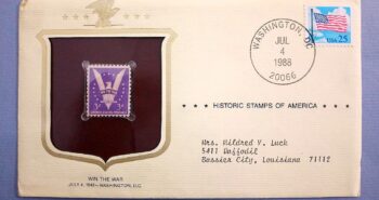 Issue:     US Win The War 1942 Historic Stamps of America Special Cover Type:     Stamp Number of Stamps:     2 Stamps Denomination:     3C ,  25C, Issue Date:     1942 Issued By:    United States Postal Service (USPS)