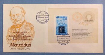 Issue:    Mauritius Sir Rowland Hill Inventor of the Adhesive First Day of Cover Type:   First Day Cover Number of Stamps:    1 Denominations:      3R, Issue Date:    1979 Issued By:    Mauritius First Day Cover