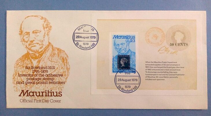 Issue:    Mauritius Sir Rowland Hill Inventor of the Adhesive First Day of Cover Type:   First Day Cover Number of Stamps:    1 Denominations:      3R, Issue Date:    1979 Issued By:    Mauritius First Day Cover