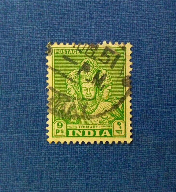 Issue:     India Trimurti 1949 Stamp Type:     Stamp Number of Stamps:      1 Stamps Denomination:      9 P, Issue Date:      1949 Issued By:     India POST 