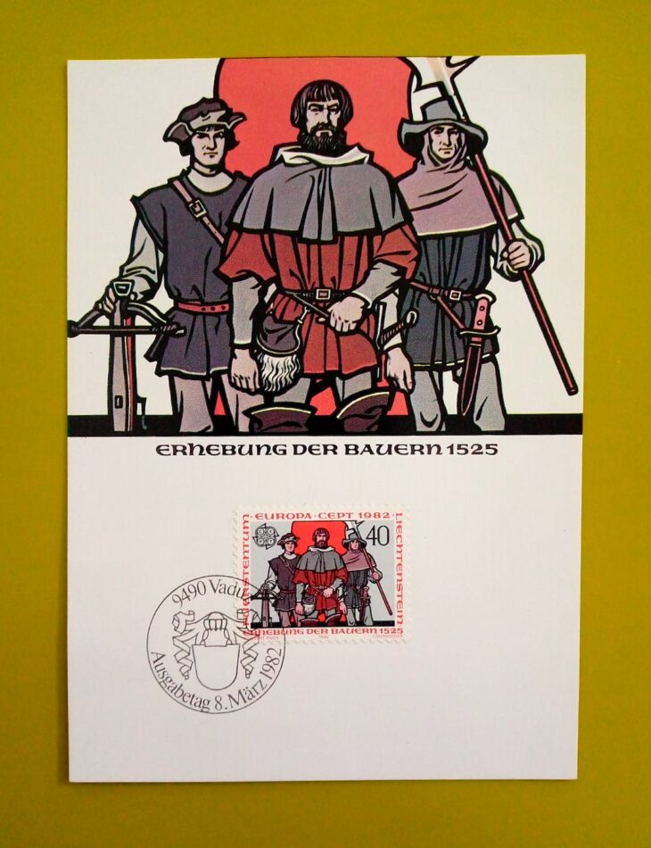 Issue:      Liechtenstein Raise of Peasants 1982 FDC Postcard Type:      Postcard Number of Stamps:      1 Denominations:      40 y Issue Date:      1982 Issued By:      Europe Post 