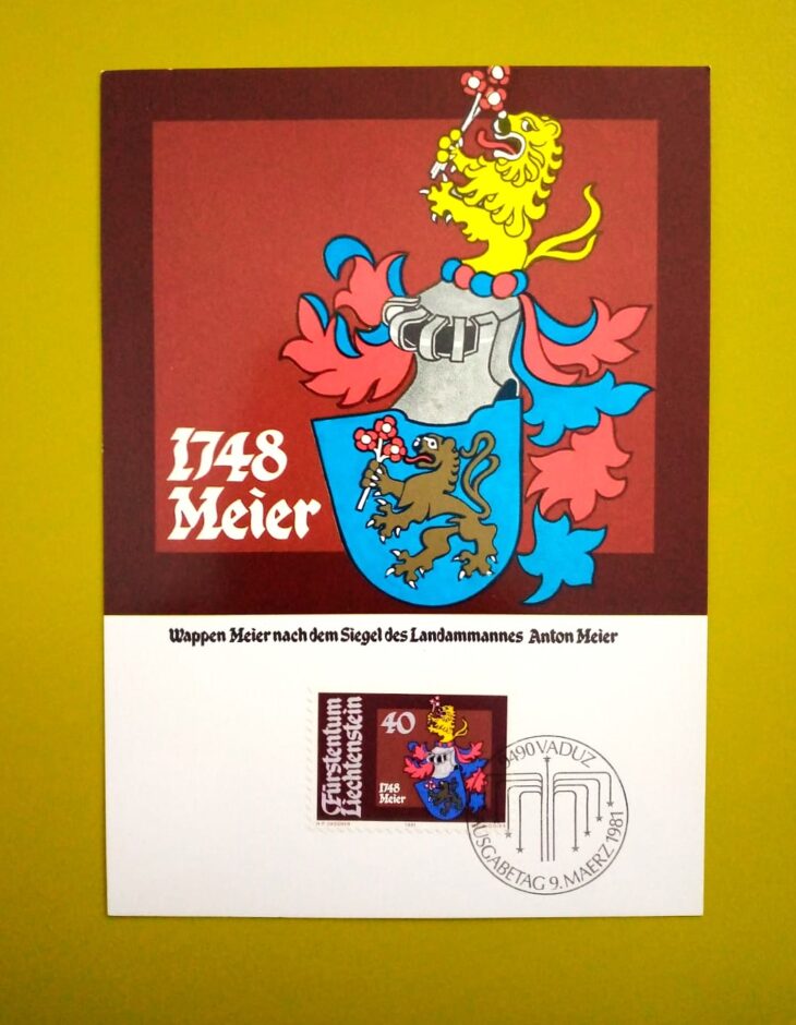 Issue:      Liechtenstein Meier Coat of Arms FDC Postcard Type:      Postcard Number of Stamps:      2 Denominations:      40 y Issue Date:      1981 Issued By:      Europe Post 
