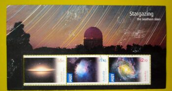 Issue:    Australia 2009 PNC Stargazing The Southern Skies Souvenir Sheet Type:      Souvenir Sheet Number of Stamps:      3 Denominations:         50 C,   1.45 $,   2.10 $, Issue Date:        2009 Issued By:       Australia Post 