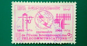Issue:      Libya Telecommunications 1965 Stamp Type:      Stamp Number of Stamps:      2 Stamps Denomination:      50 M, Issue Date:       1965 Issued By:       Libya Post