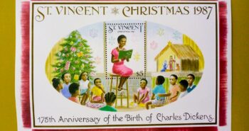 Issue:       Saint Vincent 175th Anniversary of the Birth of Charles Dickens Souvenir Sheet Type:        Souvenir Sheet Number of Stamps:     1 Denominations:       5$, Issue Date:         1987 Issued By:     Saint Vincent Post