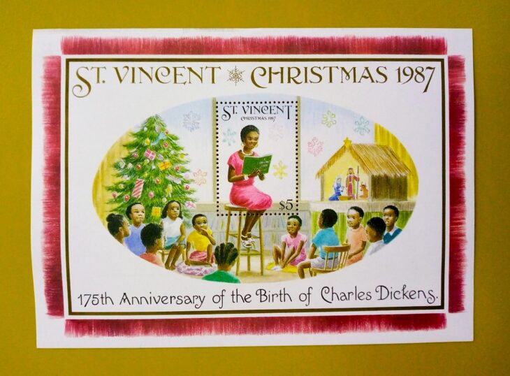 Issue:       Saint Vincent 175th Anniversary of the Birth of Charles Dickens Souvenir Sheet Type:        Souvenir Sheet Number of Stamps:     1 Denominations:       5$, Issue Date:         1987 Issued By:     Saint Vincent Post