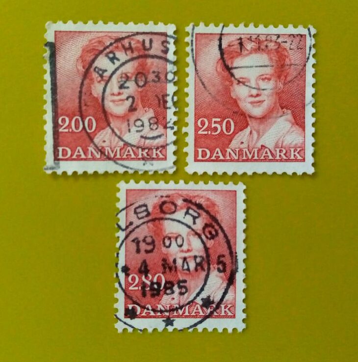 Issue:     Denmark Set of Queen Margrethe Stamp Type:     Stamp Number of Stamps:     3 Stamps Denomination:       250 DK,  200 DK,  280 DK, Issue Date: Issued By:     Denmark Post 