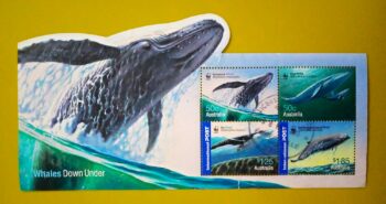 Issue:     Australia Whales Down Under 2006 Souvenir Sheet Type:      Souvenir Sheet Number of Stamps:     5 Denominations:        50C,   50C,  1.25 $,  1.85 $,     Issue Date:        2006 Issued By:     Australia Post 