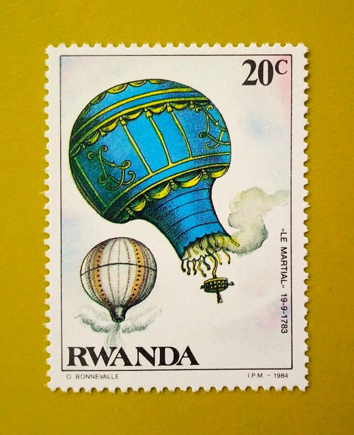 Issue:      Rwanda Balloon Flight The Martial 1984 Stamp Type:      Stamp Number of Stamps:      1 Stamps Denomination:      20 C, Issue Date:       1984 Issued By:      Rwanda Post 