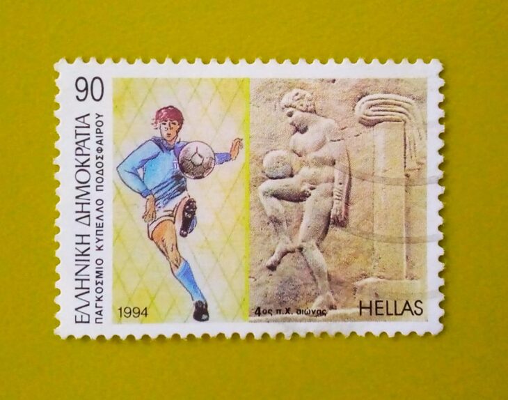 Issue:      Greece Soccer World Cup 1994 Stamp Type:      Stamp Number of Stamps:      1 Denominations:        90 Dr, Issue Date:      1994 Issued By:      Greece Post 
