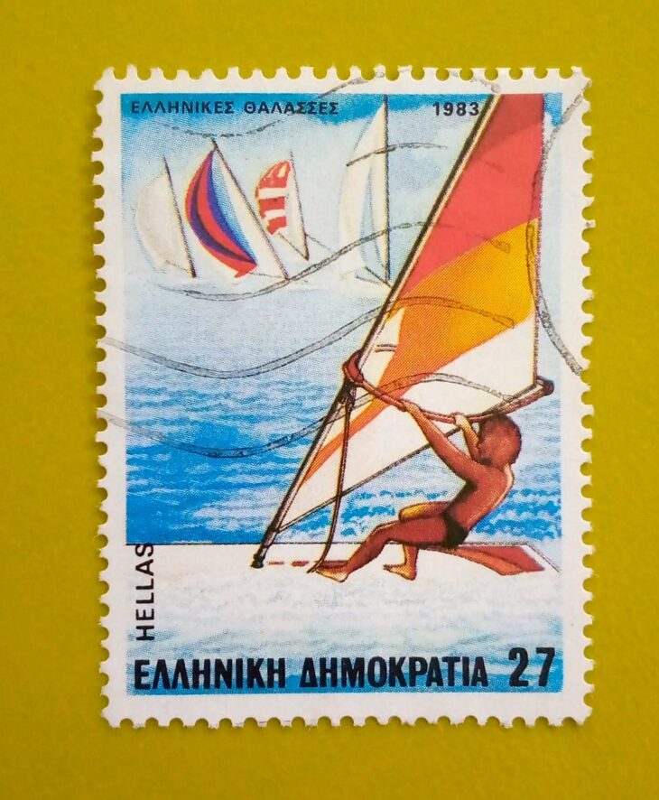 Issue:      Greece Windsurfing 1983 Stamp Type:      Stamp Number of Stamps:       10 Denominations:       27 Dr, Issue Date:       1983 Issued By:     Greece Post 