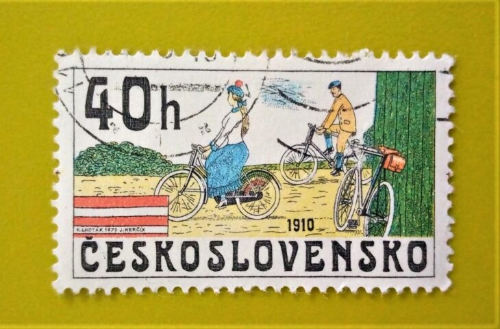 Issue:      Czechoslovakia Bicycle 1910 Stamp Type:      Stamp Number of Stamps:       1 Stamps Denomination:        40 h, Issue Date:      1910 Issued By:      Czechoslovakia Postal Service (USPS)
