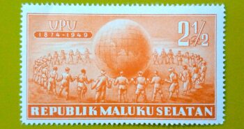 Issue:     Republic of South Maluku Selatan Indonesia 1874 1949 Orange Stamp Type:     Stamp Number of Stamps:      1 Stamps Denomination:        2 1/2  R, Issue Date:        1949 Issued By:    Indonesia post 