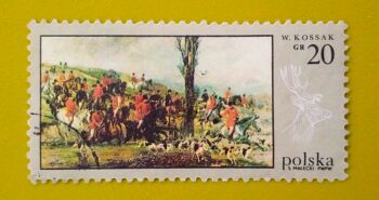 Issue:     Poland Departure for the Hunt by Wojciech Kossak Stamp Type:      Stamp Number of Stamps:      1 Stamps Denomination:       20 ZL, Issue Date:      1968 Issued By:      Poland POST 
