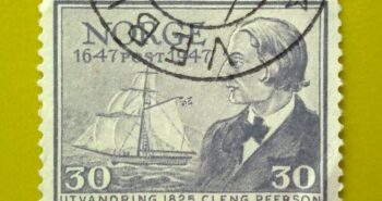 Issue:     Norway Cleng Peerson 1947 Stamp Type:     Stamp Number of Stamps:       1 Denominations:         30 K , Issue Date:        1947 Issued By:      Norway Post 